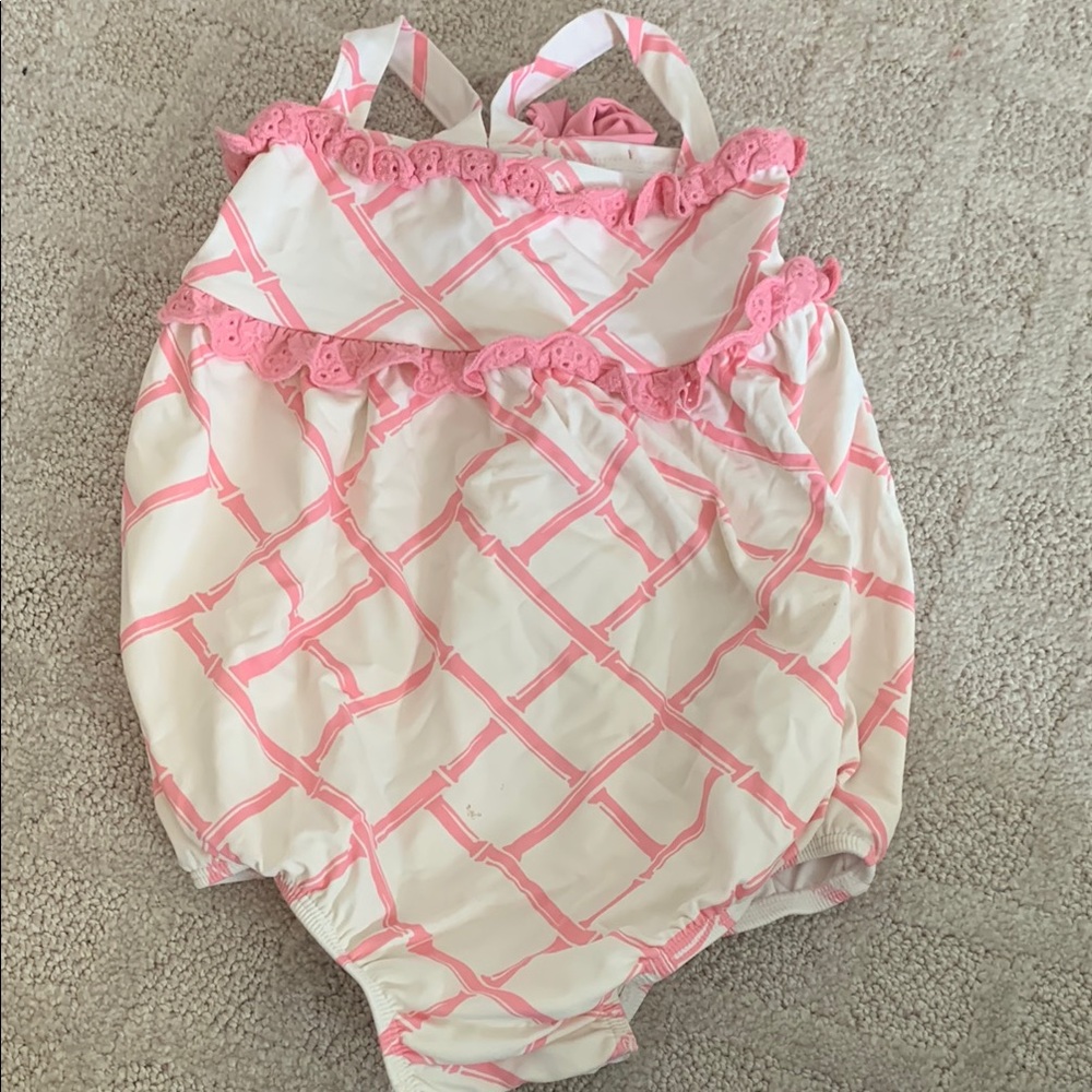 TBBc Beaufort Bonnet 1 Piece Swimsuit Size 2T Pink and white bamboo